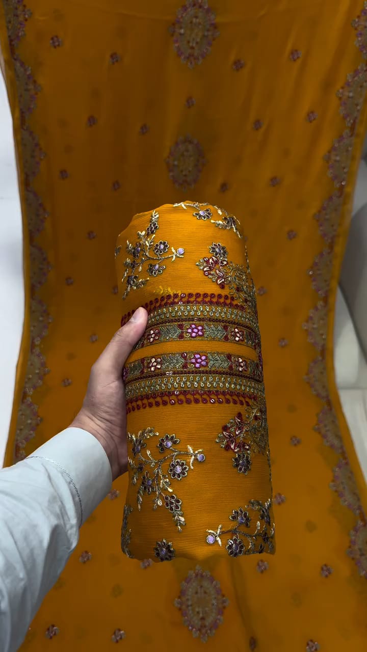 ইন্ডিয়ান শিফন জর্জেট ৪ পিস সেট - Unstitched - Yellow Dark